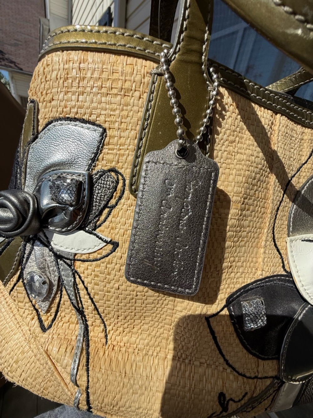 Coach Straw Tote with Olive Trim and Black, Silver Floral Applique - Picture 8 of 8
